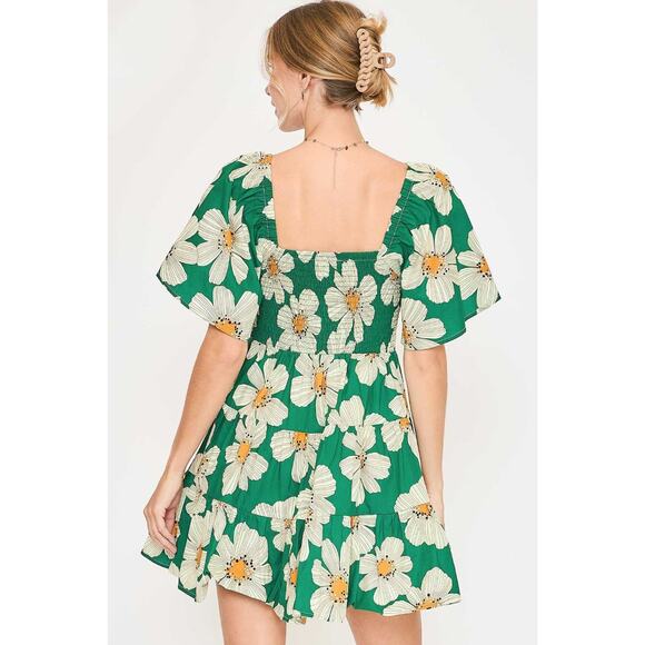 Umgee Daisy Print Short Sleeves Sweetheart Neck Ribbon Detail Mini Dress | Green - Picture 2 of 5